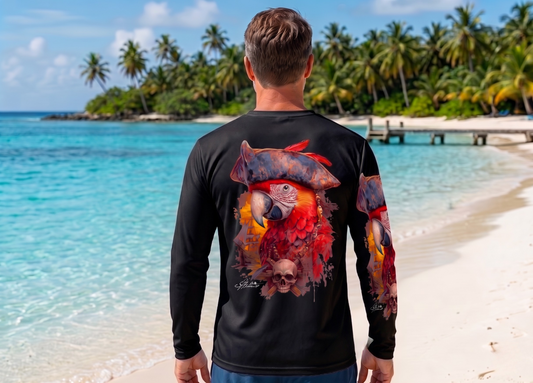 Men Long Sleeve Performance UPF 50+ Red Pirate Parrot Design