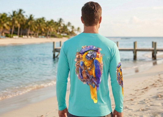 Men Long Sleeve Performance UPF 50+ Pirate Parrot Ship Design