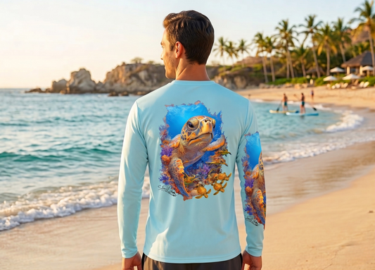 Men Long Sleeve Performance UPF 50+ Save Baby Turtle Swimming Design