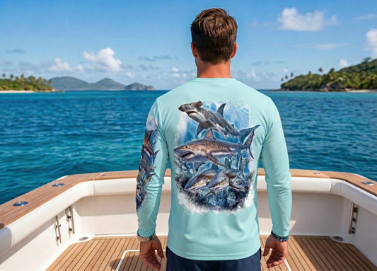 Men Long Sleeve Performance UPF 50+ Caribbean Shark Slam