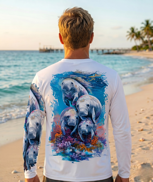Men Long Sleeve Performance All Over Print UPF 50+ Manatee Design