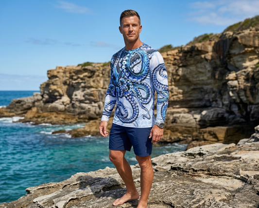 Men Long Sleeve Performance All Over Print UPF 50+ Octopus Design