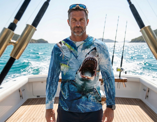 Men Long Sleeve Performance All Over Print UPF 50+ Shark Design