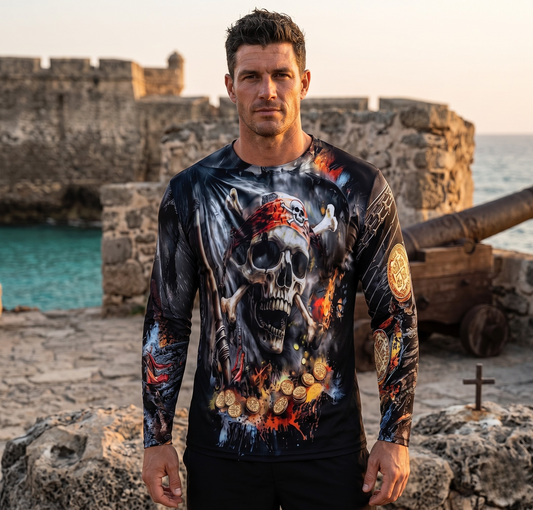 Men Long Sleeve Performance All Over Print UPF 50+ Pirate Flag Design