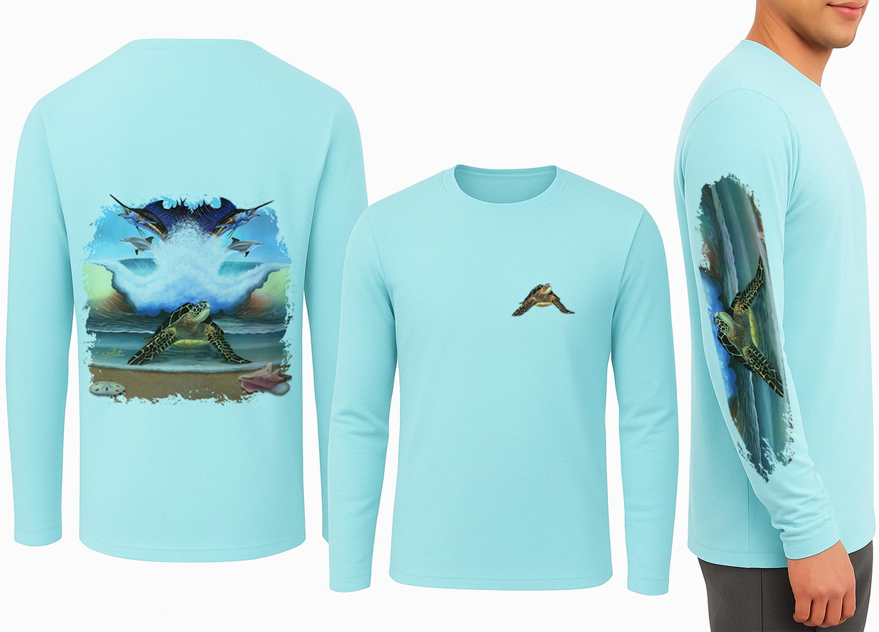 Men's Performance UPF50+ Sea Turtle Beach Design Long Sleeve